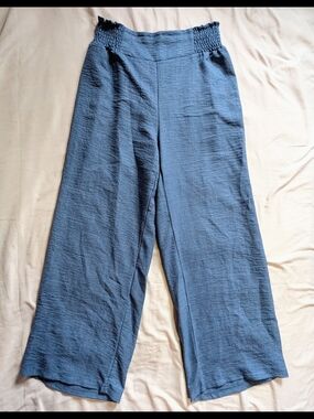 Wide-Leg Blue Pull-On Pants, Size Med, Elastic Waist, EUC